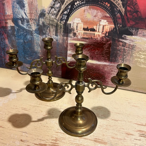 Vintage Solid Brass Brass 3 Arm Candelabra set - Picture 4 of 12